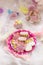Birthday cookies - detail of a dessert table - colorful cookies with pink `Happy Birthday` toppers