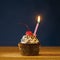 Birthday cupcake with burning candle and cherry on top