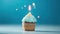 Birthday cupcake with a candle  on light blue background with balloons. Generative Ai