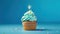 Birthday cupcake with a candle  on light blue background with balloons. Generative Ai