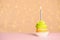 Birthday cupcake with candle on table against festive , space for text