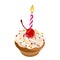 Birthday cupcake with cream, cherry, sprinkles and candle. Vector illustration.