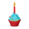 Birthday cupcake with one burning candle, blue cream with caramel