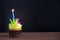 Birthday cupcake with a single blue candle.Cupcake with yellow cream