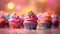 birthday cupcakes with blur background colorful balloons. Generative Ai