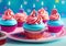 Birthday cupcakes with candles, party sweets delicious desserts.