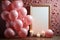 Birthday elegance flat lay of pastel pink table, balloonframed frame, and confetti