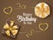 Birthday elegant vector background design. Happy birthday text with golden gifts, confetti, and heart party elements and brown.