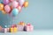 Birthday festive background with colorful presents and balloons, space for text.