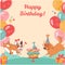 Birthday of funny dogs. Happy birthday postcard with puppies. Bulldog and Labrador, cake, gifts, multi-colored balloons