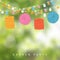 Birthday garden party or Brazilian june party, illustration with string of lights, paper lanterns, blurred background