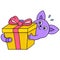 Birthday gift box given by a cat surprise, doodle icon image kawaii