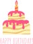 Birthday greeting card with cake and candle. Lettering Happy birthday. Simple cake with striped biscuit dough and glaze