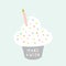 Birthday greeting card. Cupcake with a candle and sprinkles in pastel colors. Make a wish. First birthday vector poster