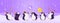 Birthday greeting card with cute dancing penguins. Purple background with stars, disco ball, snowflakes and mountains. Funny birds