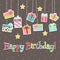 Birthday greeting card with hanging multicoloured gift boxes