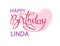 Birthday greeting card with the name Linda. Elegant hand lettering and a big pink heart. Isolated design element