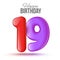 Birthday greeting card template with glossy number nineteen shaped balloon