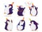 Birthday greeting set of six cute penguins. Funny dancing birds in different hats  various poses. Vector cartoon illustration