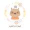 Birthday. happy raccoon in a wreath. portrait of baby animal