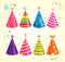 Birthday hat illustrations. Birthday cap illustrations. Colored party hats isolated on festive bacground. Collection