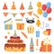 birthday, holidays, set of isolated objects. cake, champagne, gifts, popcorn, balloons, caps, flags, candy. holiday vector flat