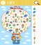 Birthday I spy game for kids. Searching and counting activity for preschool children with cute animals flying in hot air balloon.