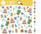 Birthday I spy game for kids. Searching and counting activity for preschool children with traditional holiday objects. Funny party