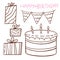 Birthday illustrated outline elements. Presents and cake. Greeting card decoration for birthday. Coloring book decorations