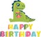 Birthday inscription in the style of dinosaurs. Cute raptor holds a gift