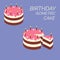 Birthday isometric cake. Isometric puff cake with candles and cream flowers. Chocolate piece and slice pink glaze icon pie from