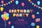 Birthday kids party banner. Balloons card, invitation baby festive. Gift boxes, colorful balloon, garlands and biscuits