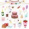 Birthday kids party vector cartoon childs happy birth cake or cupcake celebration with gifts and happy birthday balloons