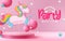 Birthday magical party vector background design. Birthday party text with unicorn balloon in podium stage