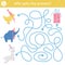 Birthday maze for children. Holiday preschool printable educational activity. Funny b-day party game or puzzle with cute animals