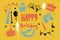 Birthday. Mega collection of posters with cake, balloon, candle, gift, tinsel. A set of simple, fun, vector illustrations.
