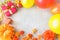 Birthday party background with festive decor, orange, yellow and