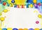 Birthday party background or frame with ballons,decoration and lots of vibrant color. White copy space area in the center.