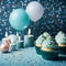 Birthday party blue and gold composition, cupcakes, balloons, confetti, banner concept giftcard, copy space, texture background