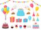 Birthday party cartoon decorations. Child partying, cute celebration elements. Cupcake, presents festive cake, balloons