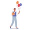 Birthday Party Celebration, Festive Event. Cheerful Man in Festive Clothes Walk to Holiday Carry Balloons and Gift Box