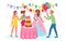 Birthday party celebration for teen princess vector illustration. Cartoon beautiful girl and friends celebrate with cake