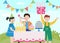 Birthday party with children getting gifts and treats, flat vector illustration.