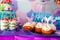 Birthday party concept for girl. Table for kids with cupcakes with withe topind decored purple mermaid tail. Summer season