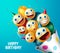 Birthday party emojis vector design. Smiley emoji in hat with balloons and confetti surprise elements for birthday celebration.