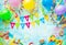 Birthday party frame with balloons, streamers and confetti on colorful background with copy space