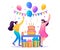 Birthday party with friends. People carry gifts, balloons, a large cake with candles, dance and celebrate the holiday. Flat 2D