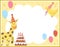 Birthday party greeting card template with cute cake and animals. Anniversary poster or invitation for kids. Bright holiday