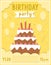 Birthday party greeting card template with cute cake and candles. Anniversary poster or invitation for kids. Bright holiday