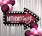 BIRTHDAY PARTY INVITATION BANNER WITH THEATER CURTAINS AND VINTAGE LIGHT FRAME.